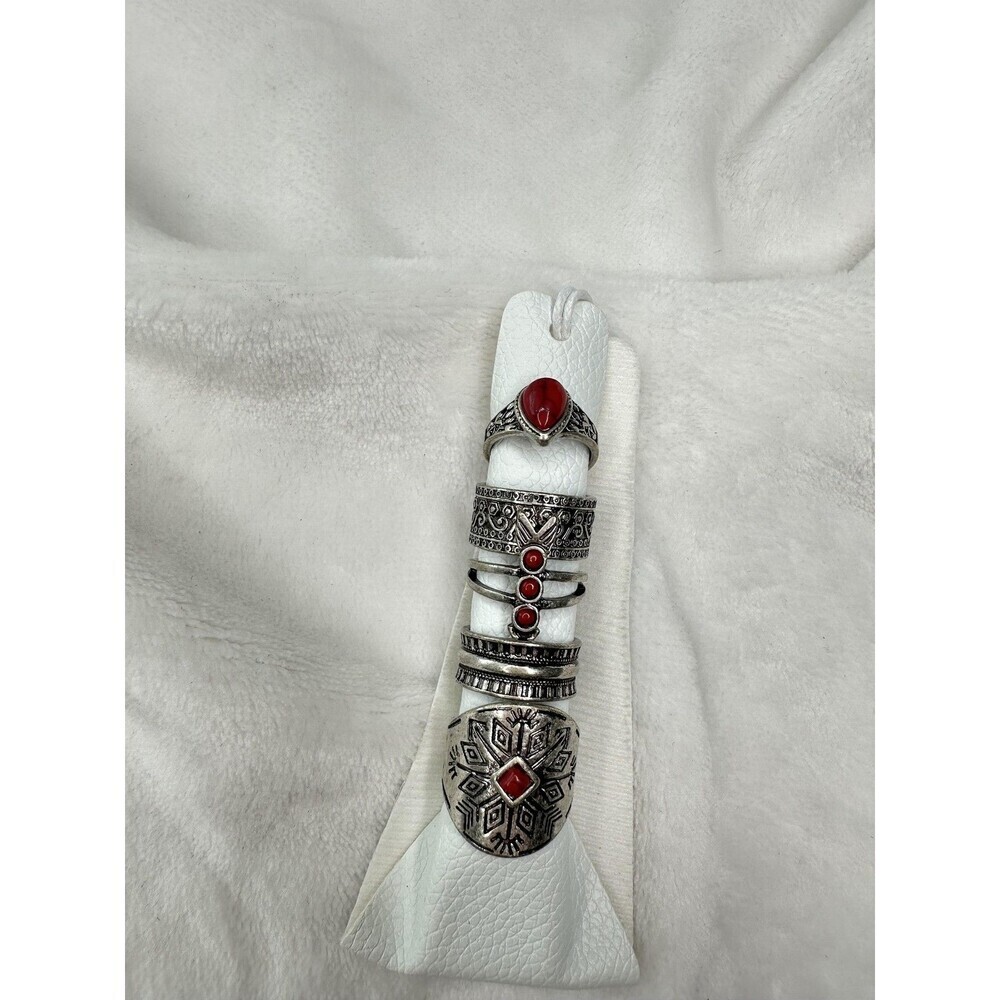 NEW Free People Boho Silver Tone Red Stone Ring Set Womens 6pc Stackable Vintage